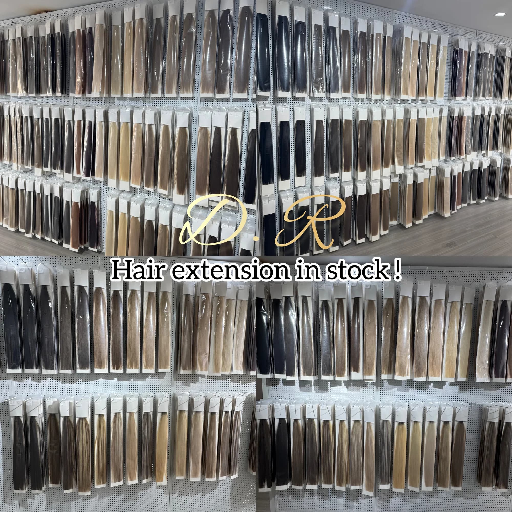 Packaged hair extensions in blonde, brown and dark shades arranged on stock display racks