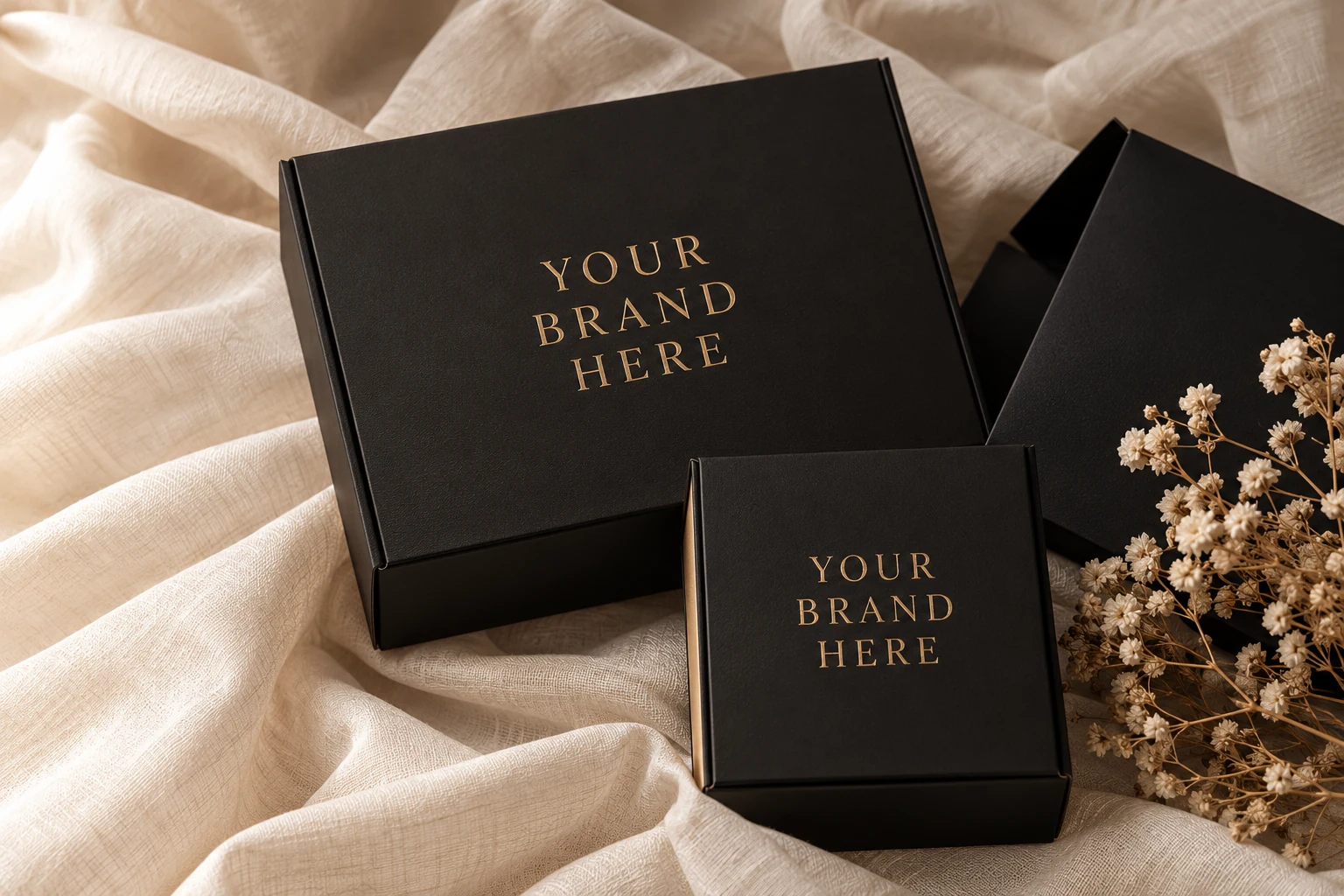 Custom black packaging boxes for a private-label hair extension brand
