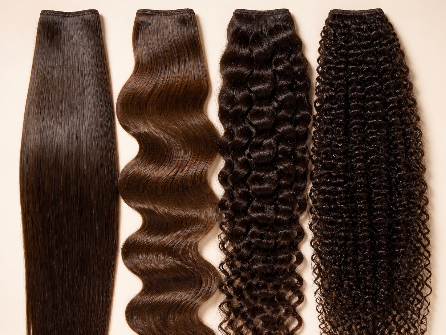 Straight, wave and curly human hair textures